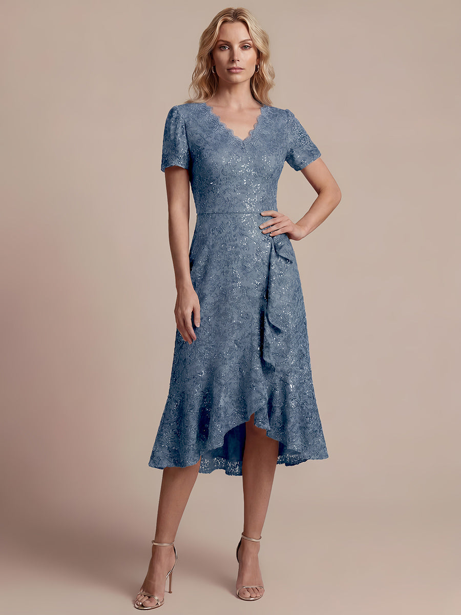robe midi sirène à volants en sequins à manches courtes #Couleur_Marine Fume