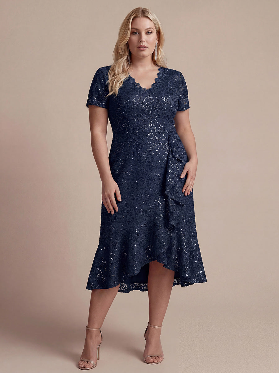 robe midi sirène à volants en sequins à manches courtes #Couleur_Bleu Marine