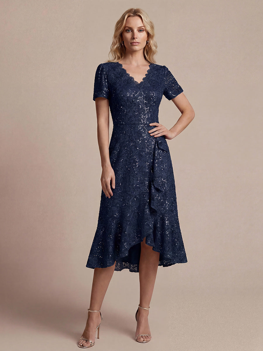 robe midi sirène à volants en sequins à manches courtes #Couleur_Bleu Marine