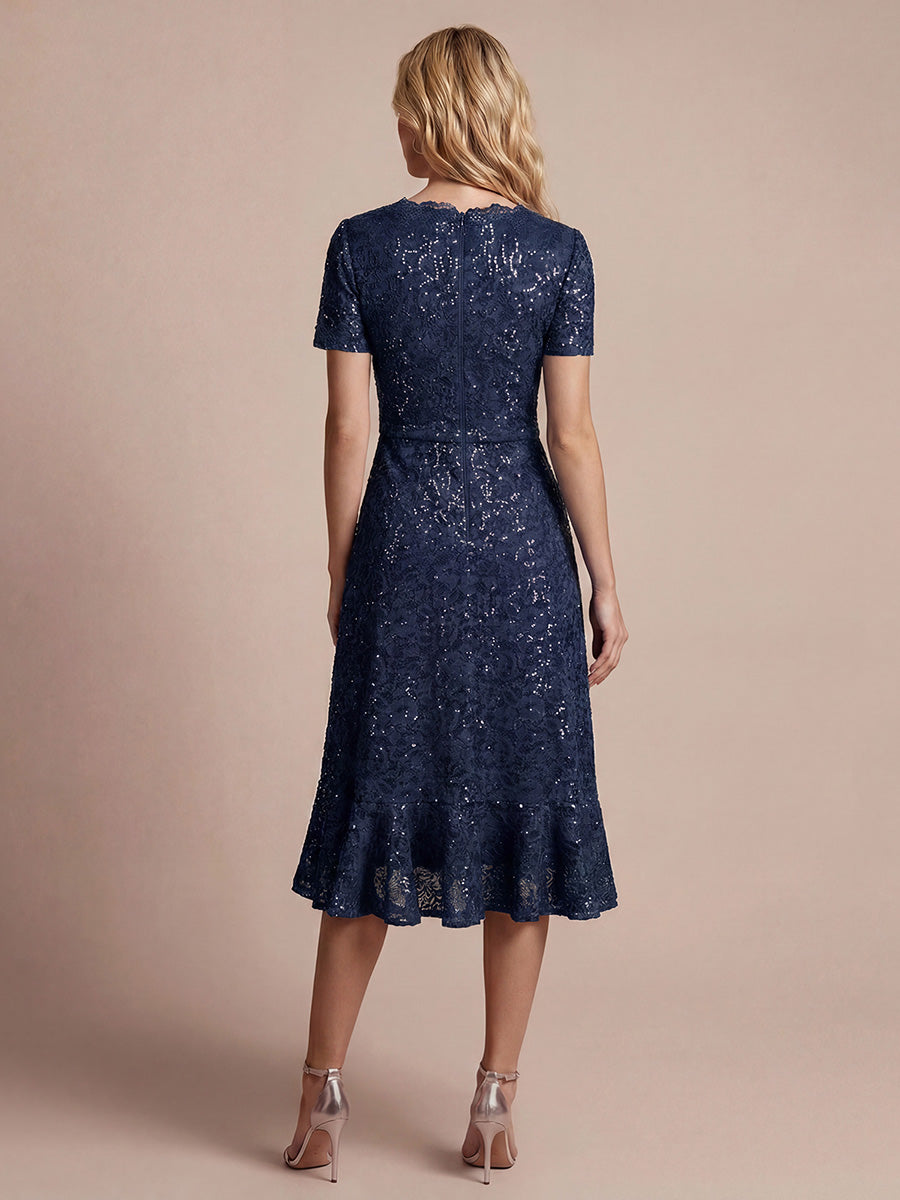 robe midi sirène à volants en sequins à manches courtes #Couleur_Bleu Marine