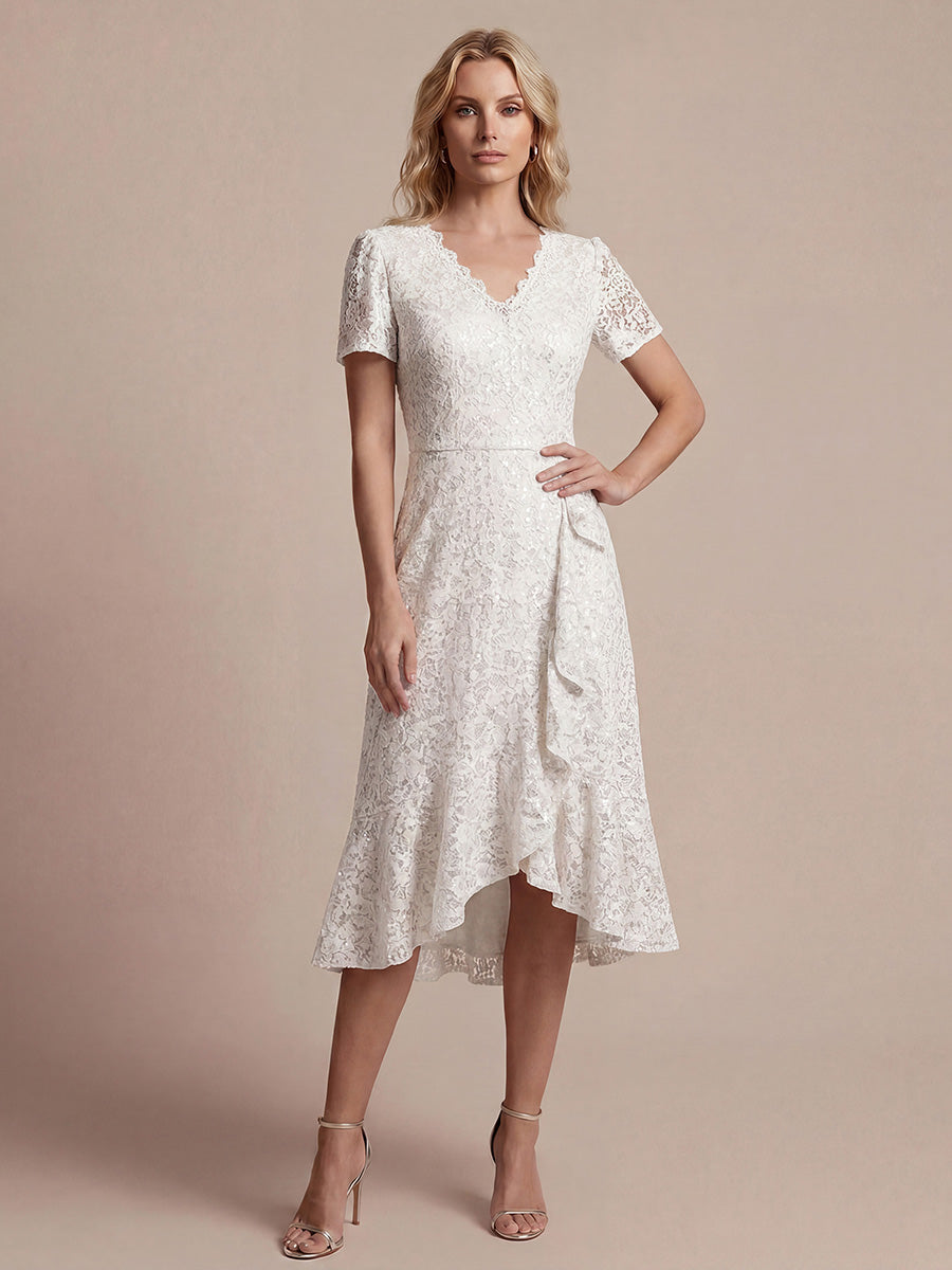 robe midi sirène à volants en sequins à manches courtes #Couleur_Blanc