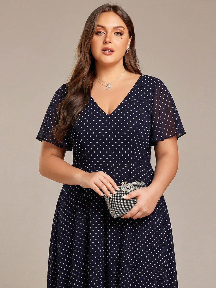 Robe Mariage Invitée haute-basse mousseline col en V Manches à volants #Couleur_Pois Noirs