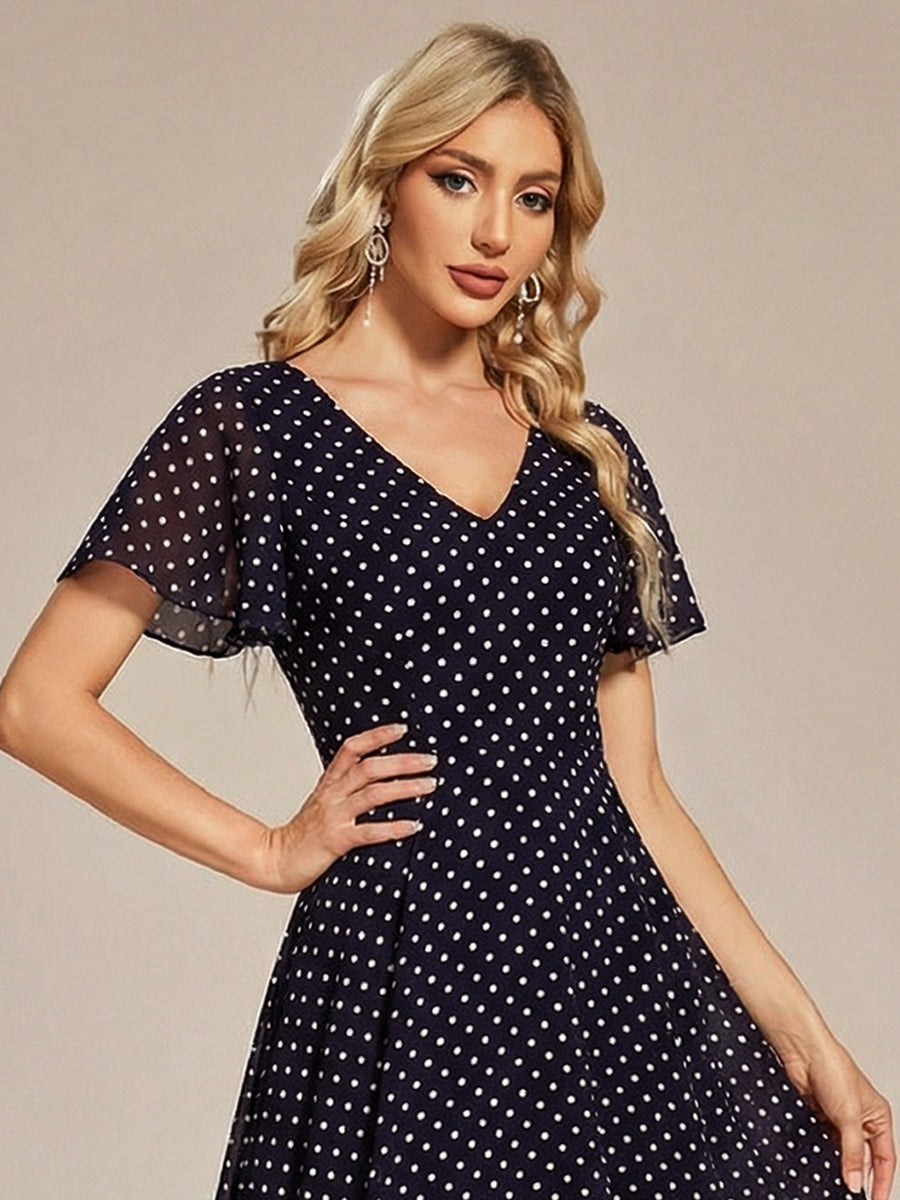 Robe Mariage Invitée haute-basse mousseline col en V Manches à volants #Couleur_Pois Noirs