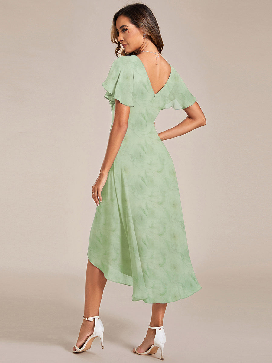 Robe d'invité de mariage trapèze en mousseline fluide à encolure ronde et longueur au genou #Couleur_Roses Vert Clair