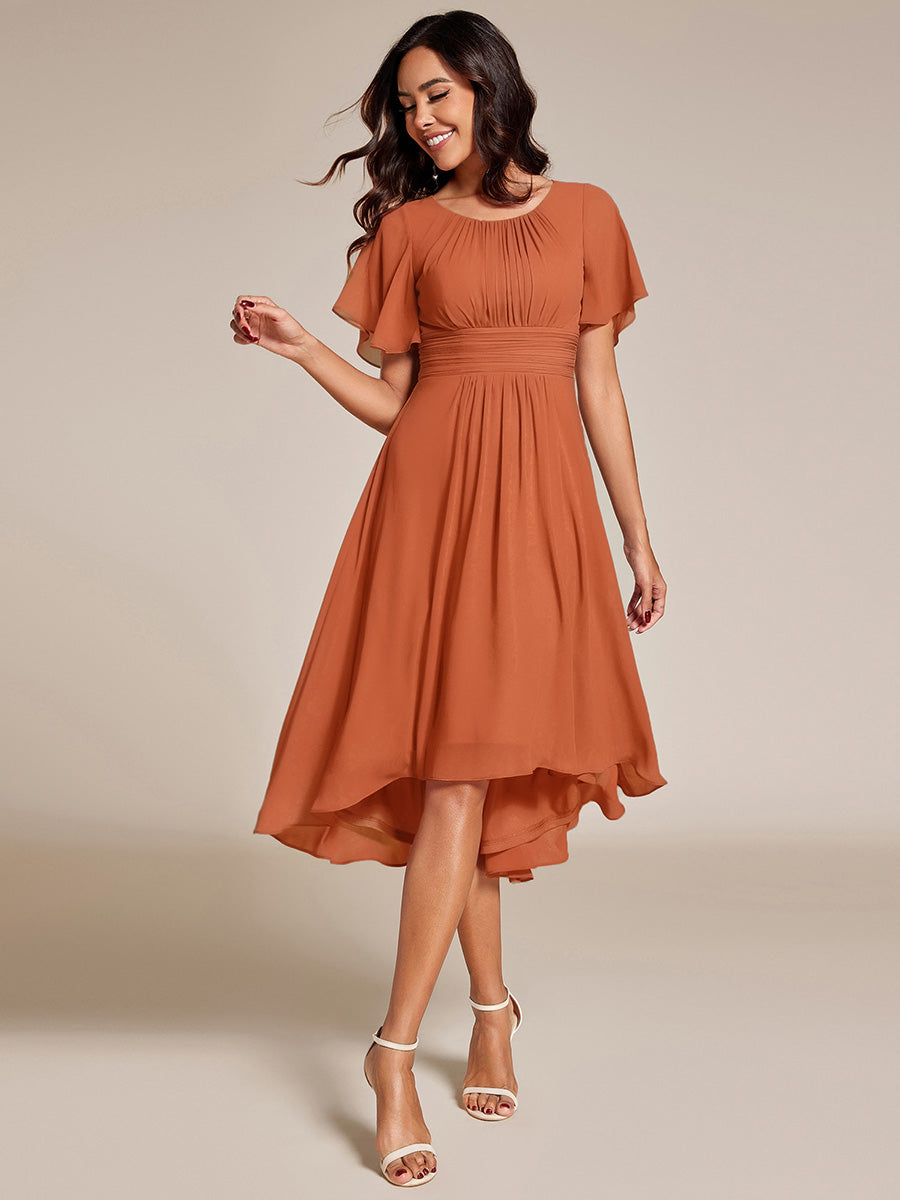 Robe d'invité de mariage trapèze en mousseline fluide à encolure ronde et longueur au genou #Couleur_Melon Ambré
