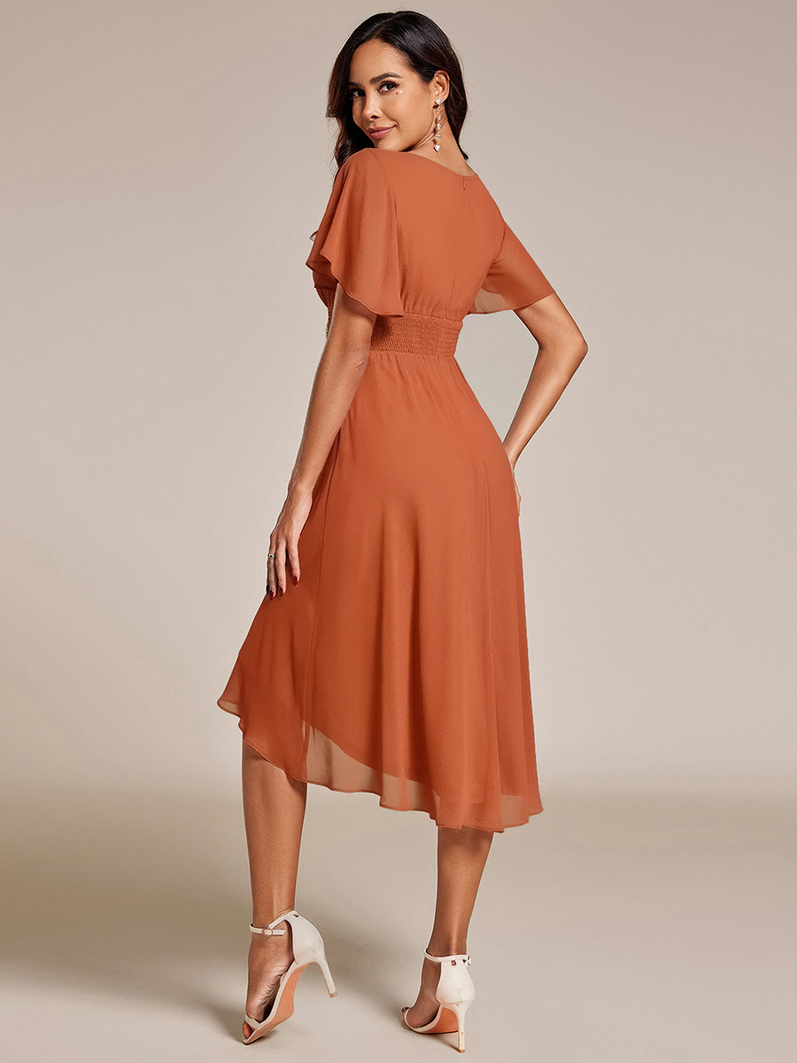 Robe d'invité de mariage trapèze en mousseline fluide à encolure ronde et longueur au genou #Couleur_Melon Ambré
