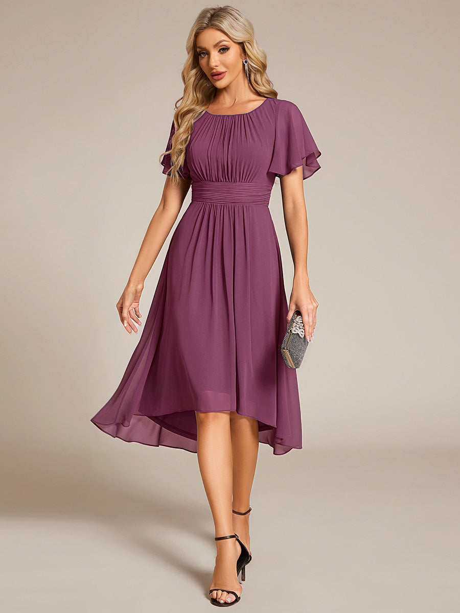 Robe d'invité de mariage trapèze en mousseline fluide à encolure ronde et longueur au genou #Couleur_Prune Foncée