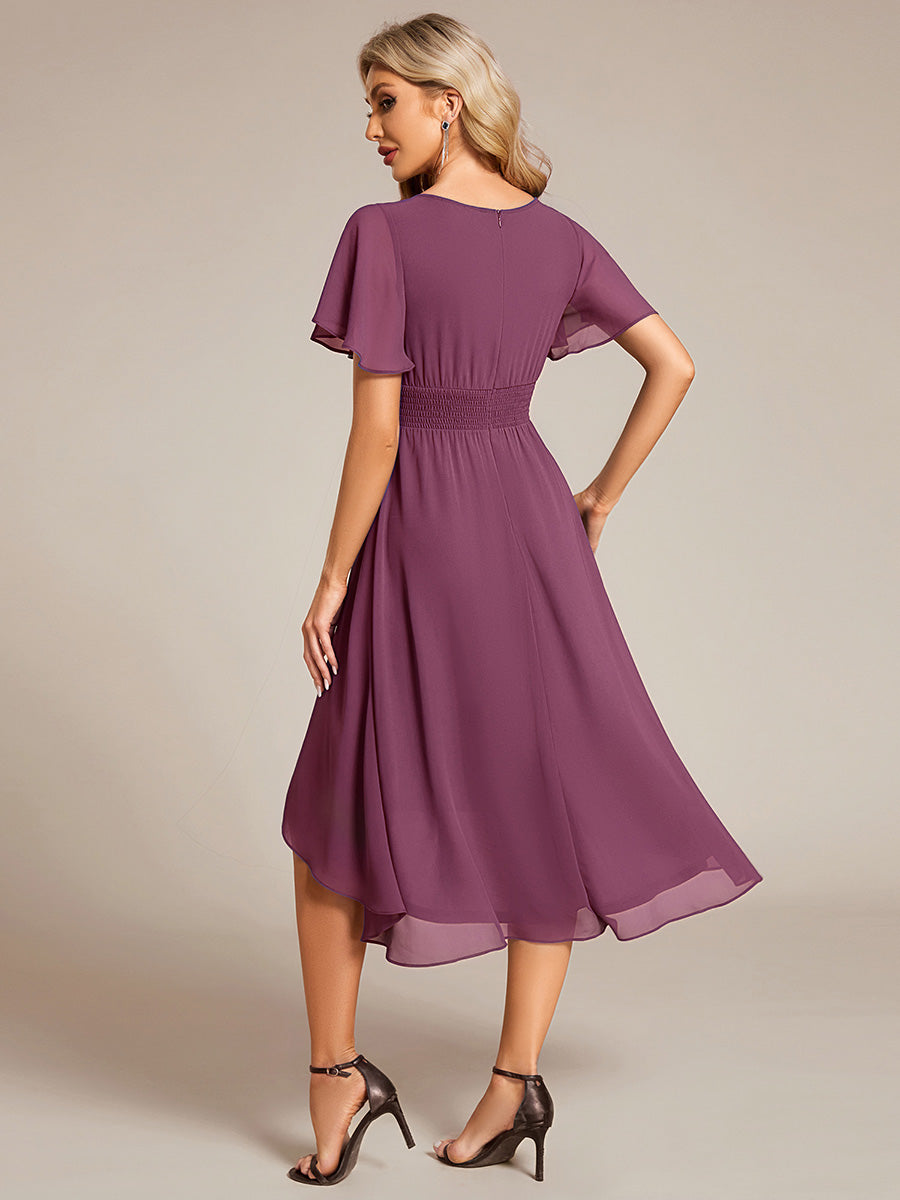 Robe d'invité de mariage trapèze en mousseline fluide à encolure ronde et longueur au genou #Couleur_Prune Foncée
