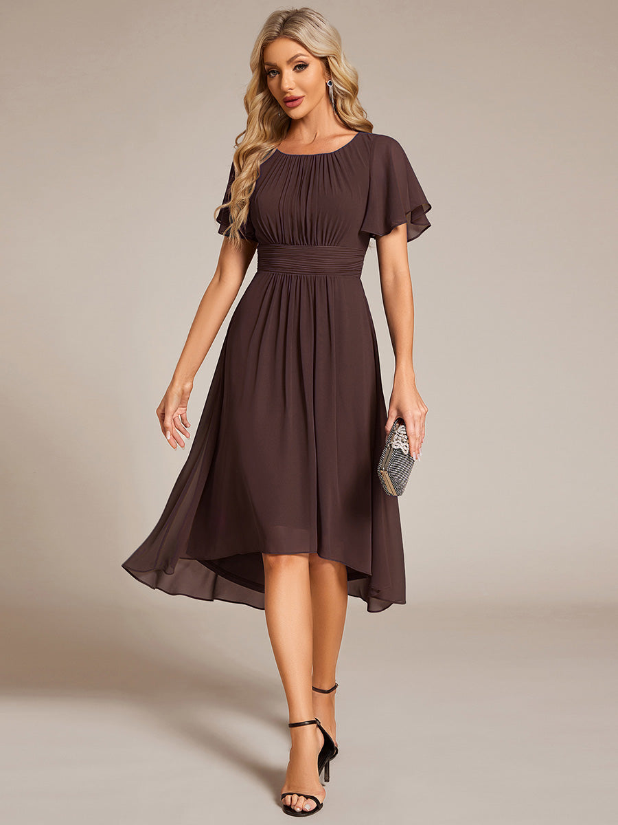 Robe d'invité de mariage trapèze en mousseline fluide à encolure ronde et longueur au genou #Couleur_Marron Espresso