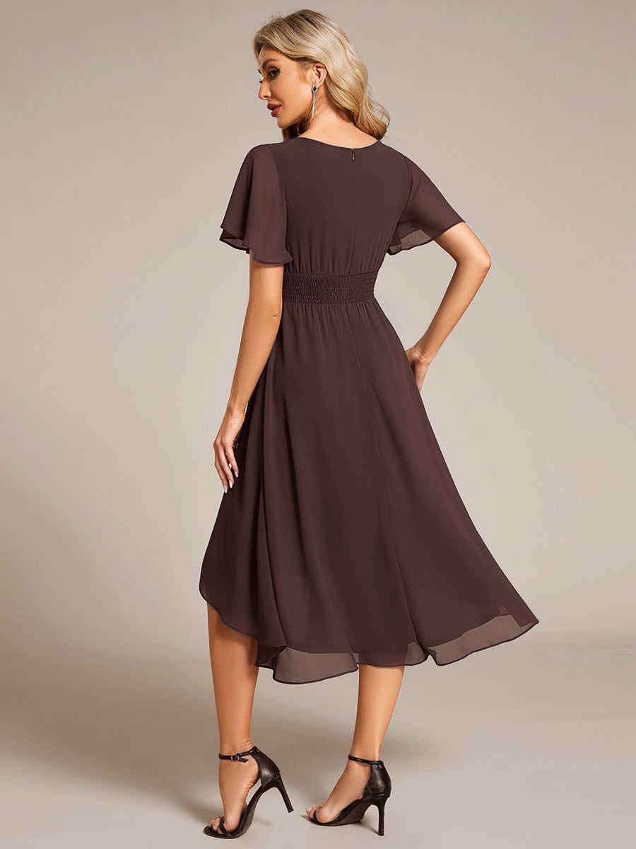 Robe d'invité de mariage trapèze en mousseline fluide à encolure ronde et longueur au genou #Couleur_Marron Espresso