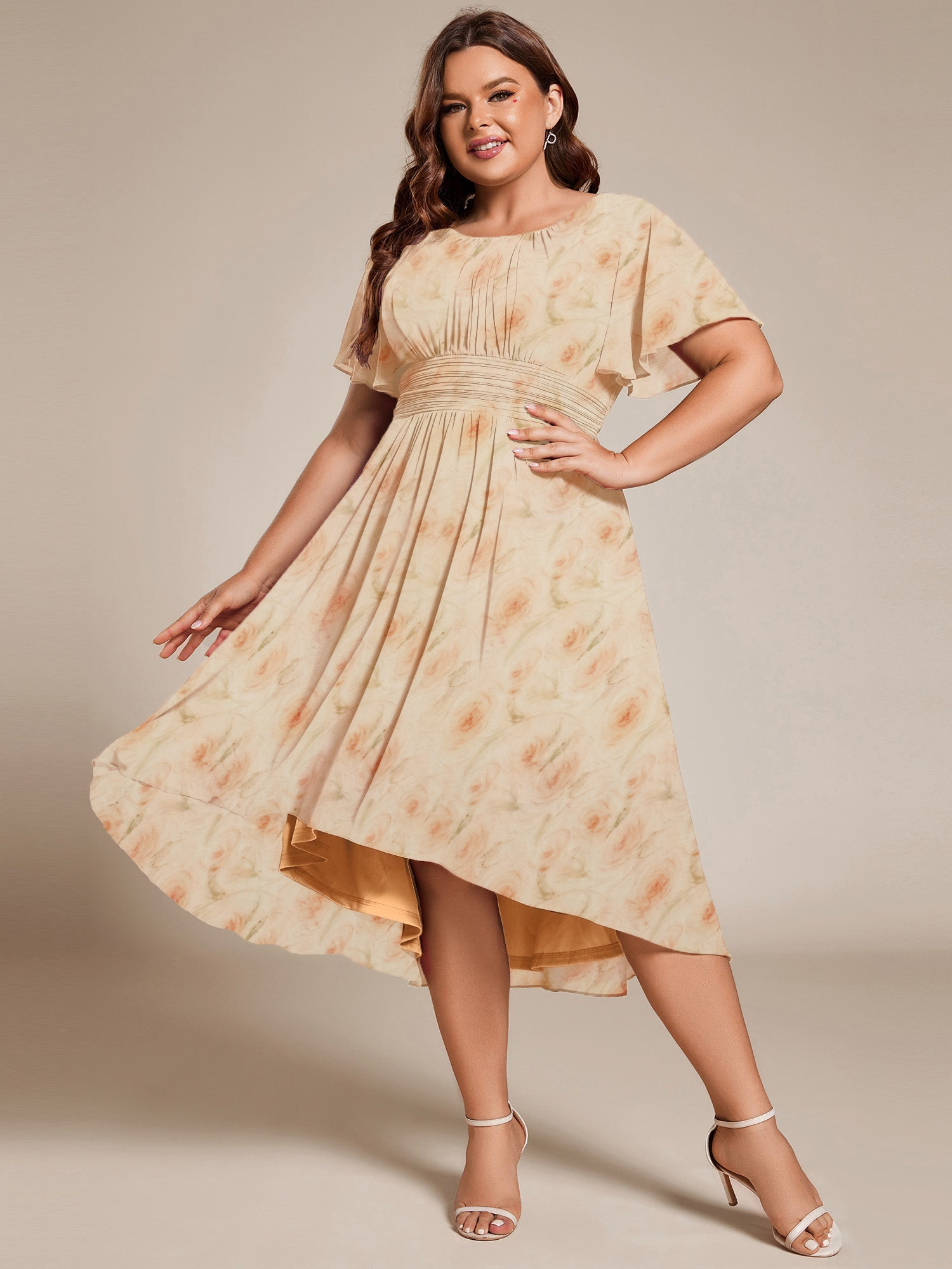 Robe d'invité de mariage trapèze en mousseline fluide à encolure ronde et longueur au genou #Couleur_Roses Dorées