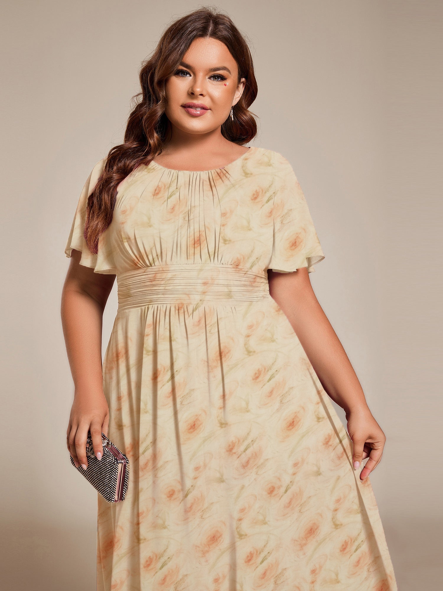 Robe d'invité de mariage trapèze en mousseline fluide à encolure ronde et longueur au genou #Couleur_Roses Dorées