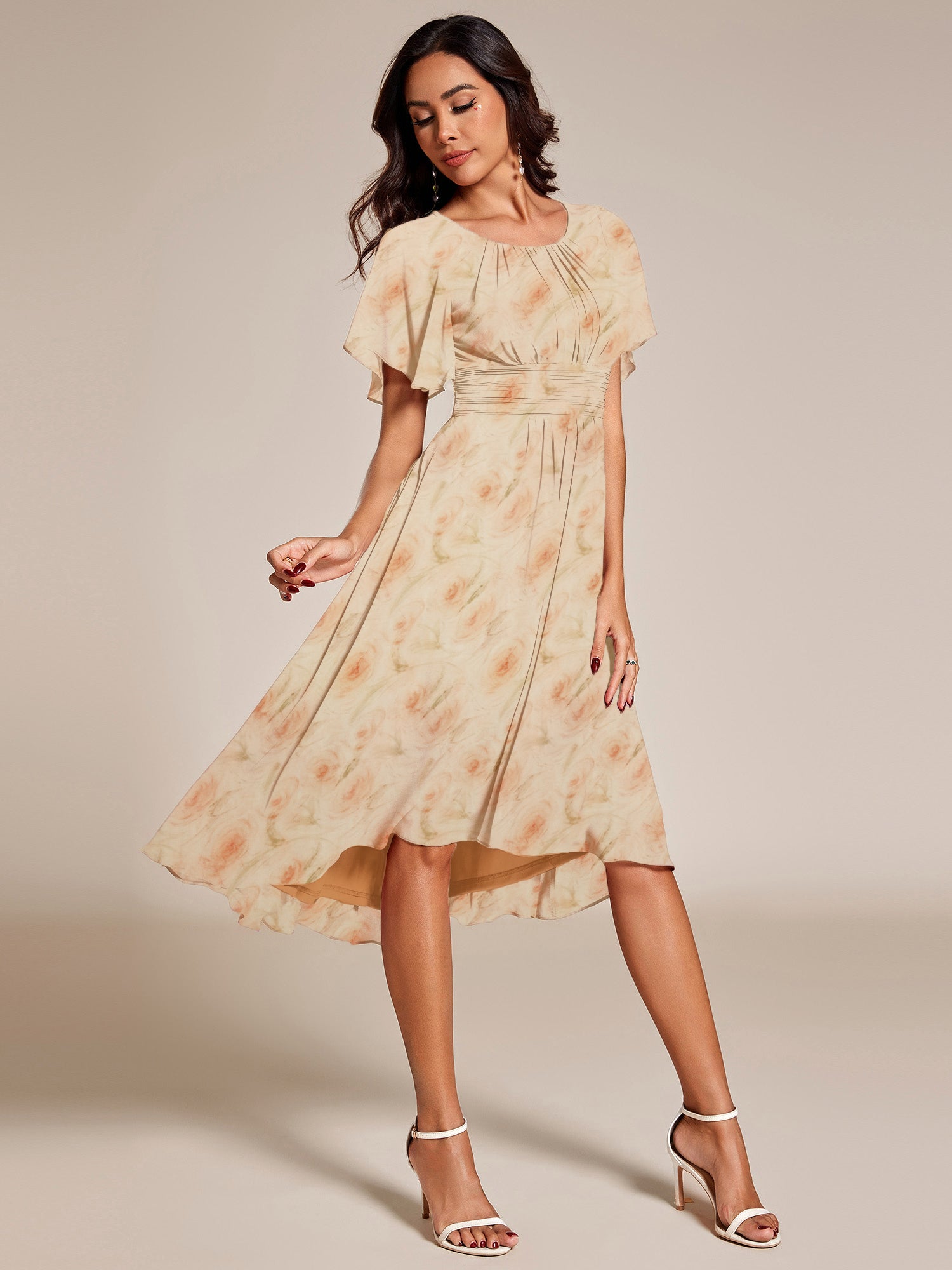 Robe d'invité de mariage trapèze en mousseline fluide à encolure ronde et longueur au genou #Couleur_Roses Dorées