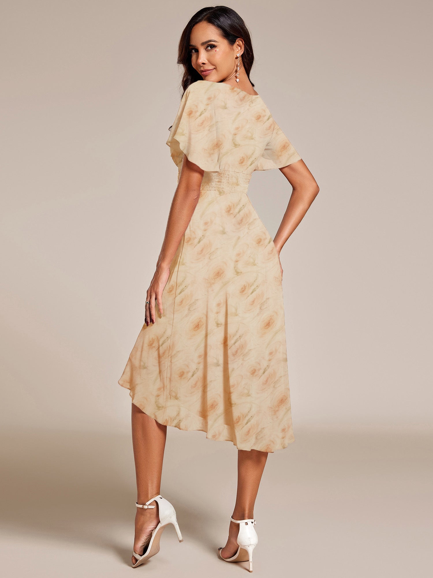 Robe d'invité de mariage trapèze en mousseline fluide à encolure ronde et longueur au genou #Couleur_Roses Dorées