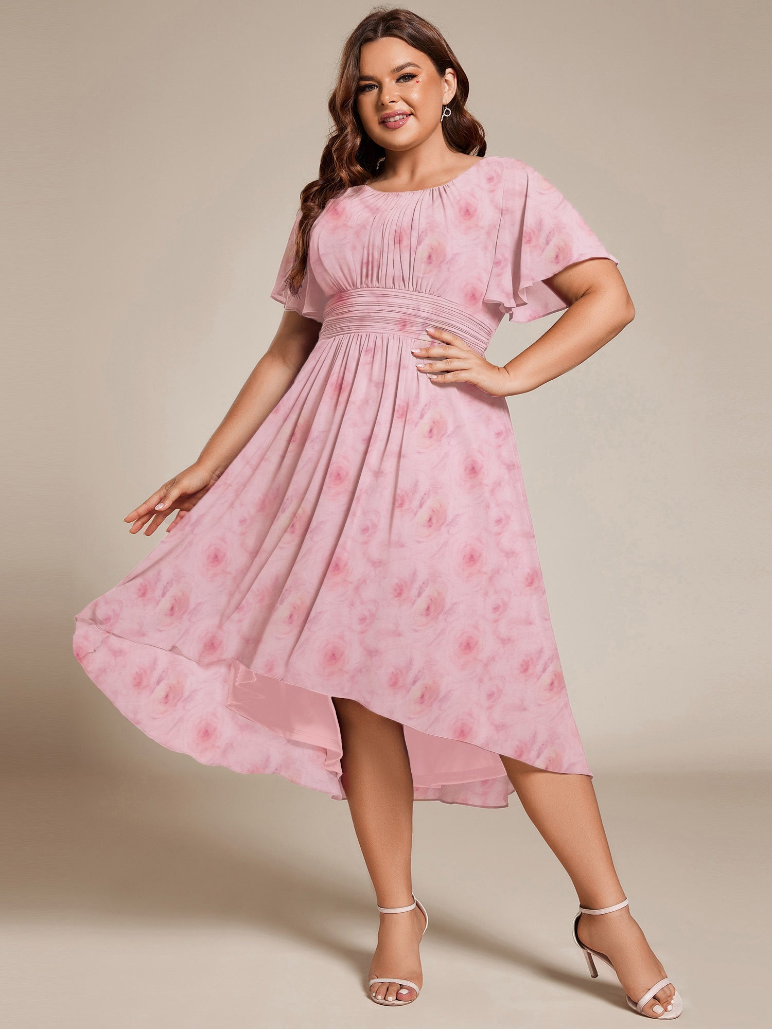 Robe d'invité de mariage trapèze en mousseline fluide à encolure ronde et longueur au genou #Couleur_Roses Violet Clair