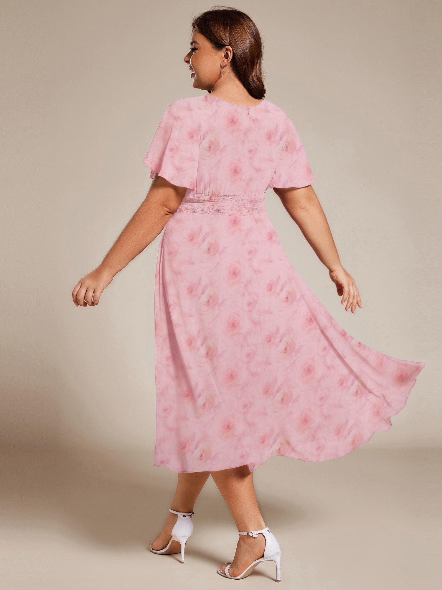 Robe d'invité de mariage trapèze en mousseline fluide à encolure ronde et longueur au genou #Couleur_Roses Violet Clair