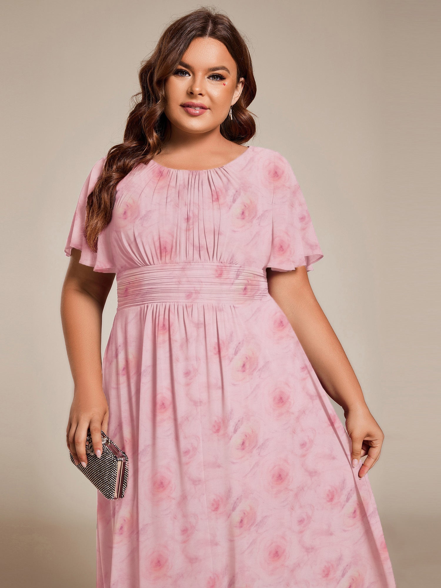 Robe d'invité de mariage trapèze en mousseline fluide à encolure ronde et longueur au genou #Couleur_Roses Violet Clair