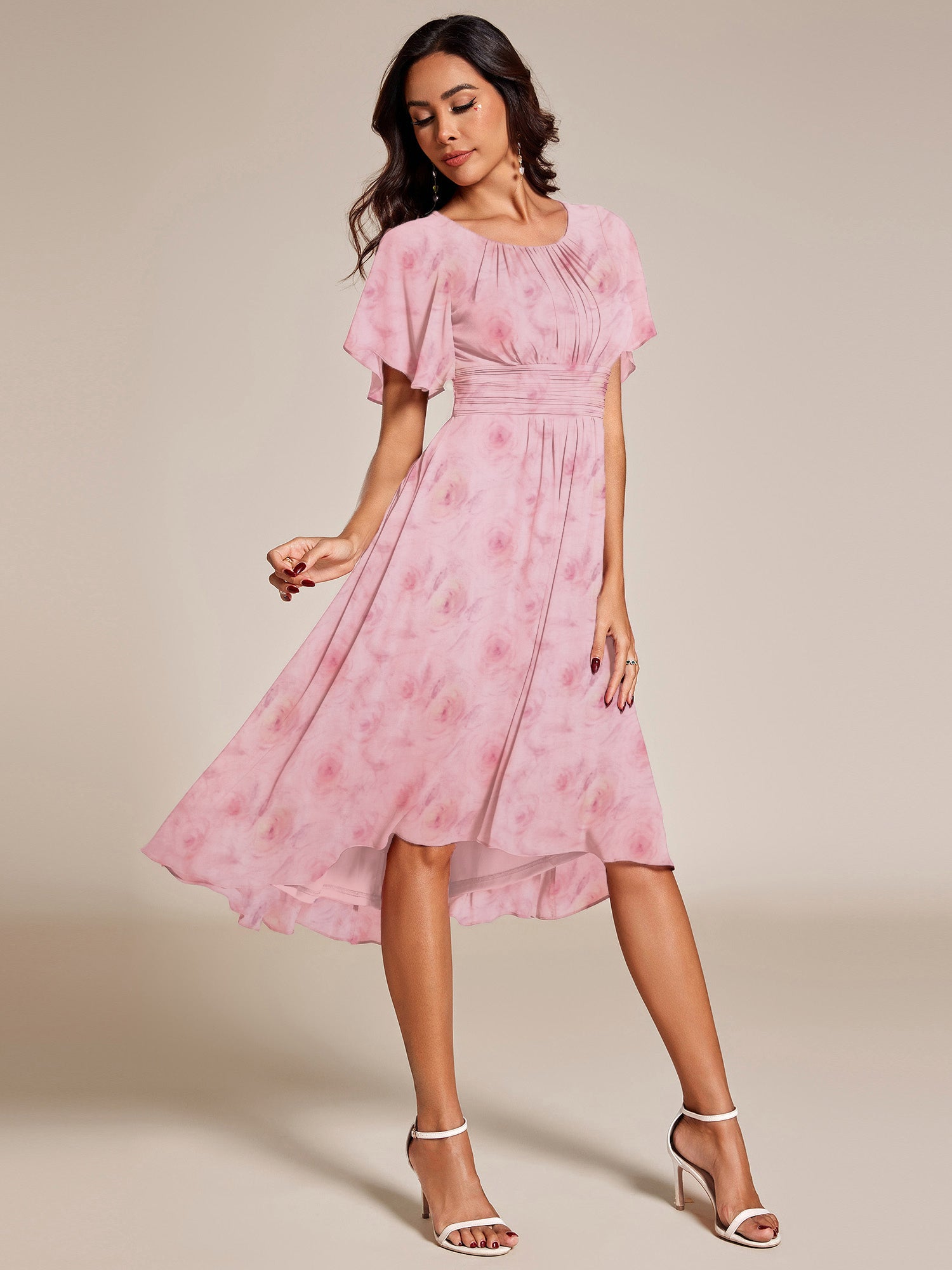 Robe d'invité de mariage trapèze en mousseline fluide à encolure ronde et longueur au genou #Couleur_Roses Violet Clair