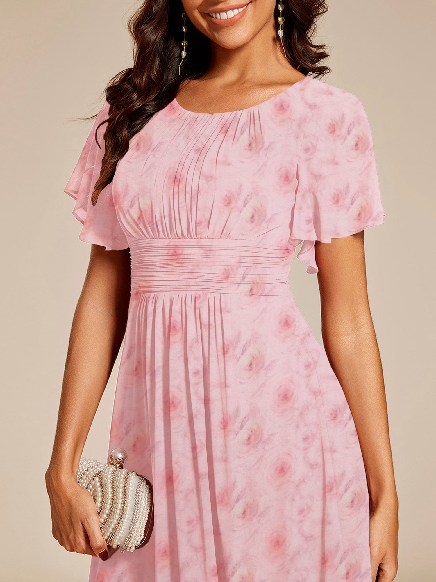 Robe d'invité de mariage trapèze en mousseline fluide à encolure ronde et longueur au genou #Couleur_Roses Violet Clair