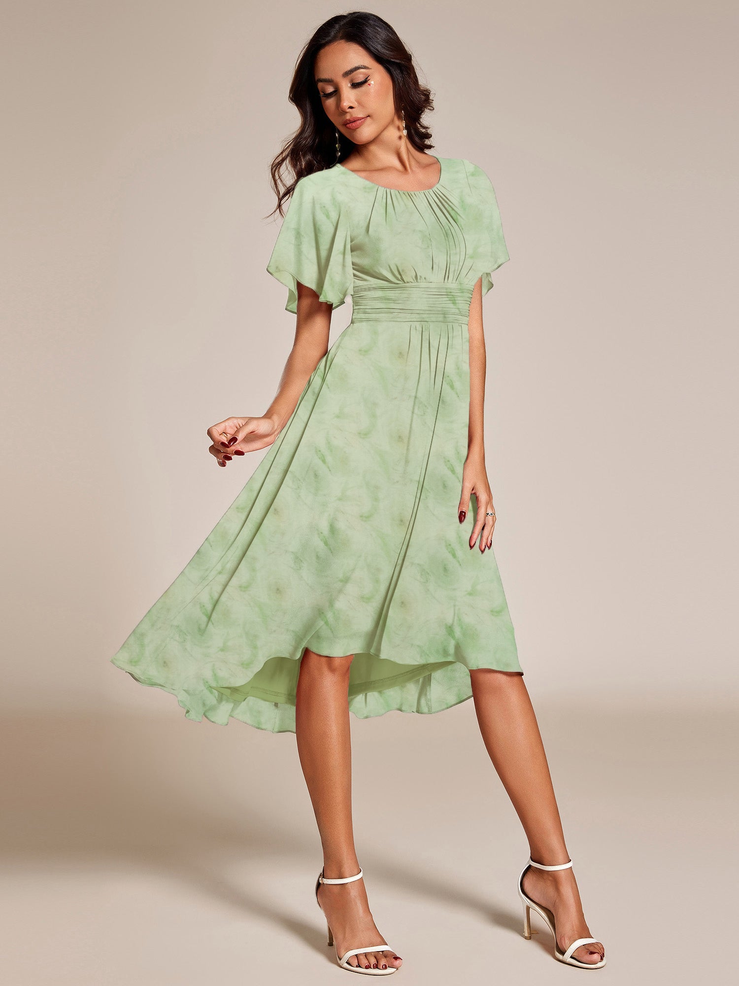 Robe d'invité de mariage trapèze en mousseline fluide à encolure ronde et longueur au genou #Couleur_Roses Vert Clair