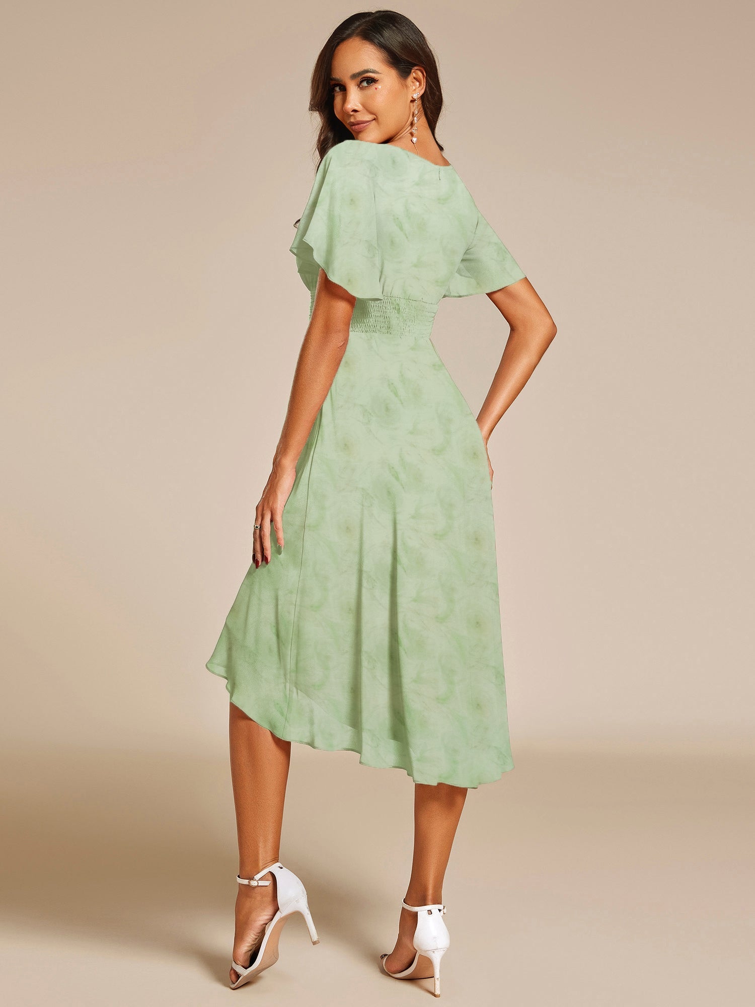 Robe d'invité de mariage trapèze en mousseline fluide à encolure ronde et longueur au genou #Couleur_Roses Vert Clair