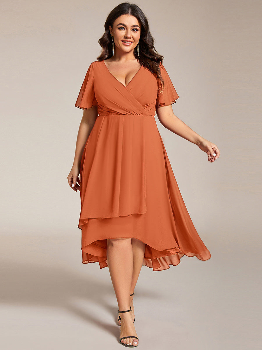 Robe D'invité De Mariage En Mousseline De Soie Mi-Longue Plissée à Manches à Volants Et Col En V #Couleur_Melon Ambré