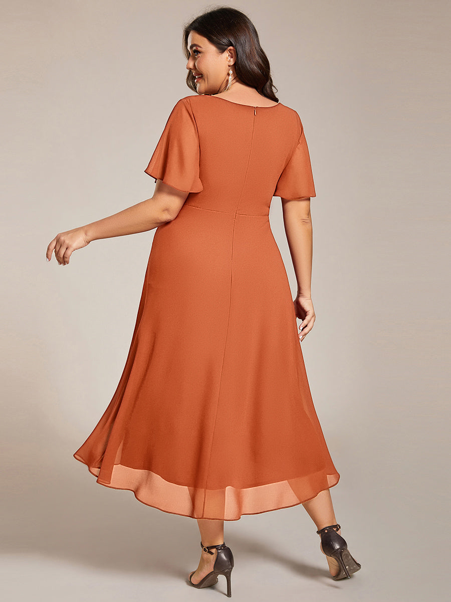 Robe D'invité De Mariage En Mousseline De Soie Mi-Longue Plissée à Manches à Volants Et Col En V #Couleur_Melon Ambré