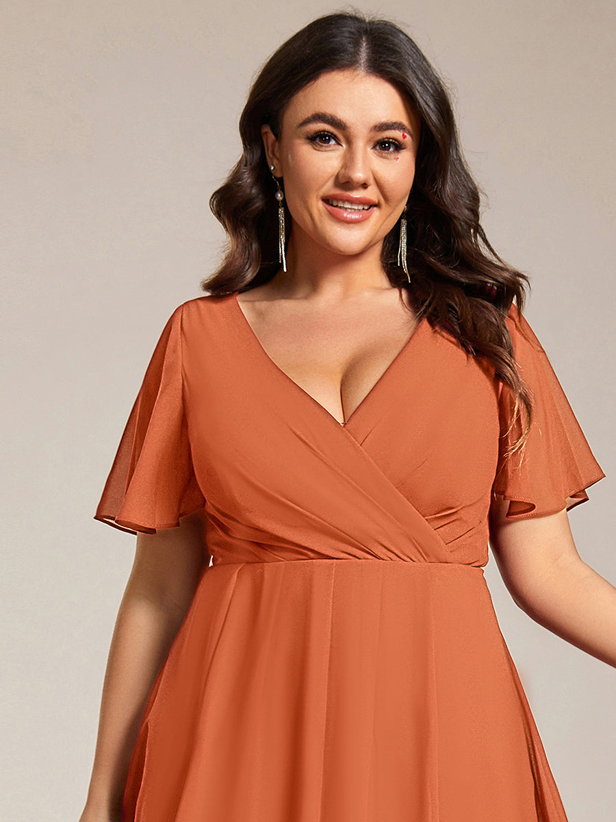 Robe D'invité De Mariage En Mousseline De Soie Mi-Longue Plissée à Manches à Volants Et Col En V #Couleur_Melon Ambré