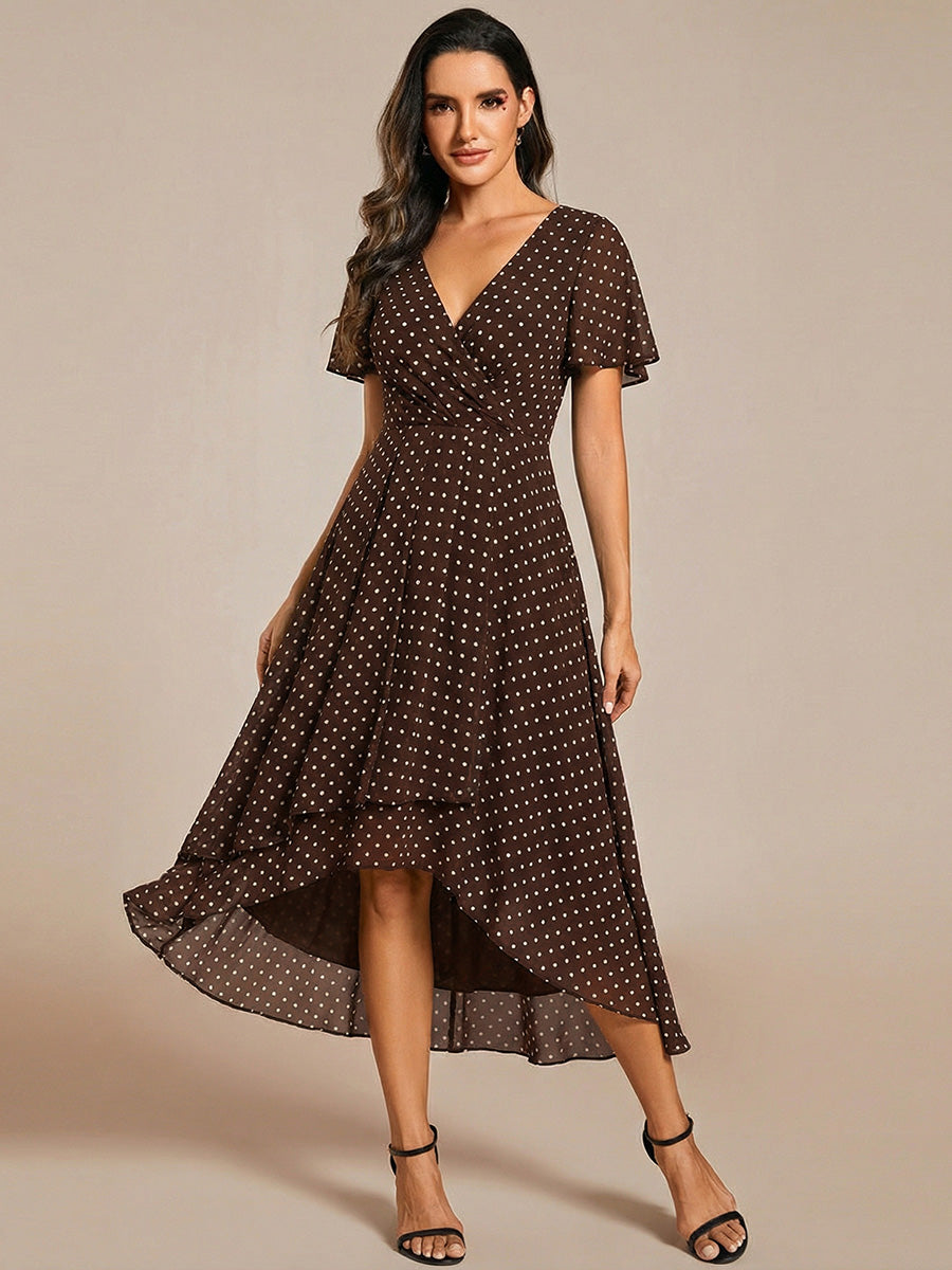 Robe D'invité De Mariage En Mousseline De Soie Mi-Longue Plissée à Manches à Volants Et Col En V #Couleur_Pois Marrons