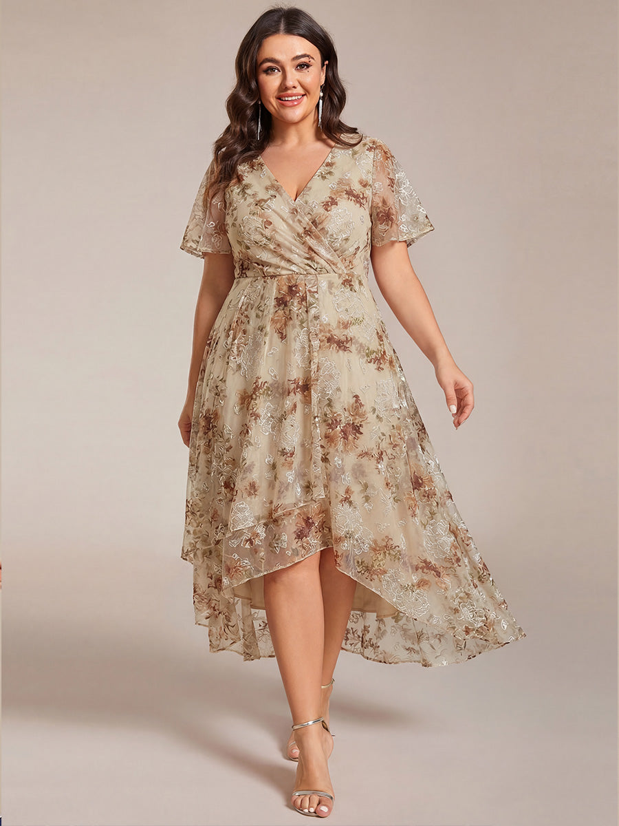 Robe D'invité De Mariage En Mousseline De Soie Mi-Longue Plissée à Manches à Volants Et Col En V #Couleur_Impression Champagne