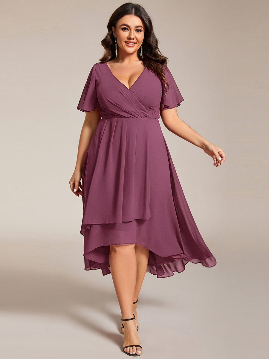 Robe D'invité De Mariage En Mousseline De Soie Mi-Longue Plissée à Manches à Volants Et Col En V #Couleur_Prune Foncée