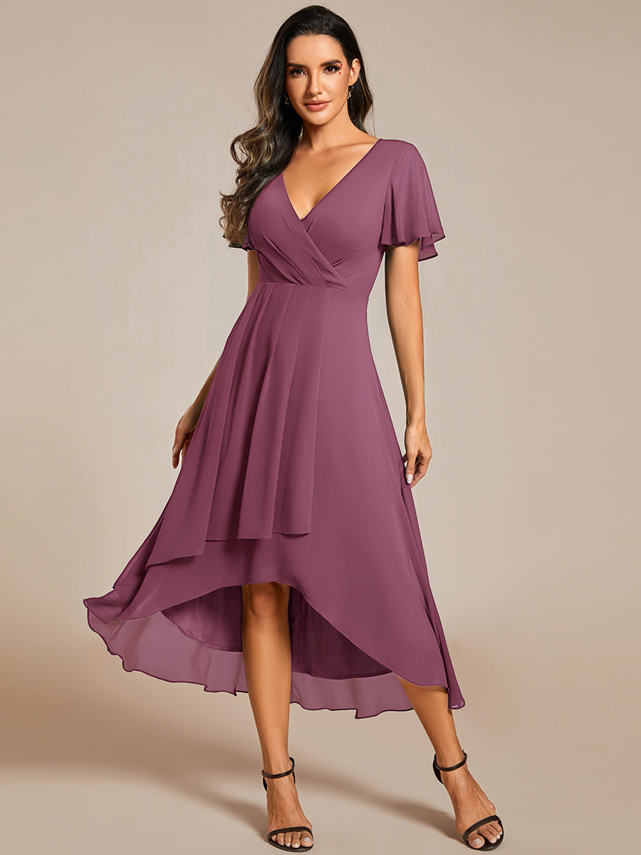Robe D'invité De Mariage En Mousseline De Soie Mi-Longue Plissée à Manches à Volants Et Col En V #Couleur_Prune Foncée