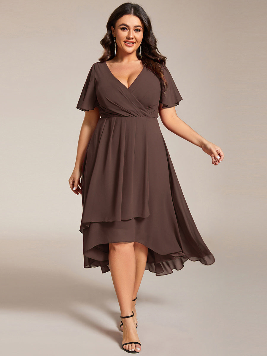 Robe D'invité De Mariage En Mousseline De Soie Mi-Longue Plissée à Manches à Volants Et Col En V #Couleur_Marron Espresso