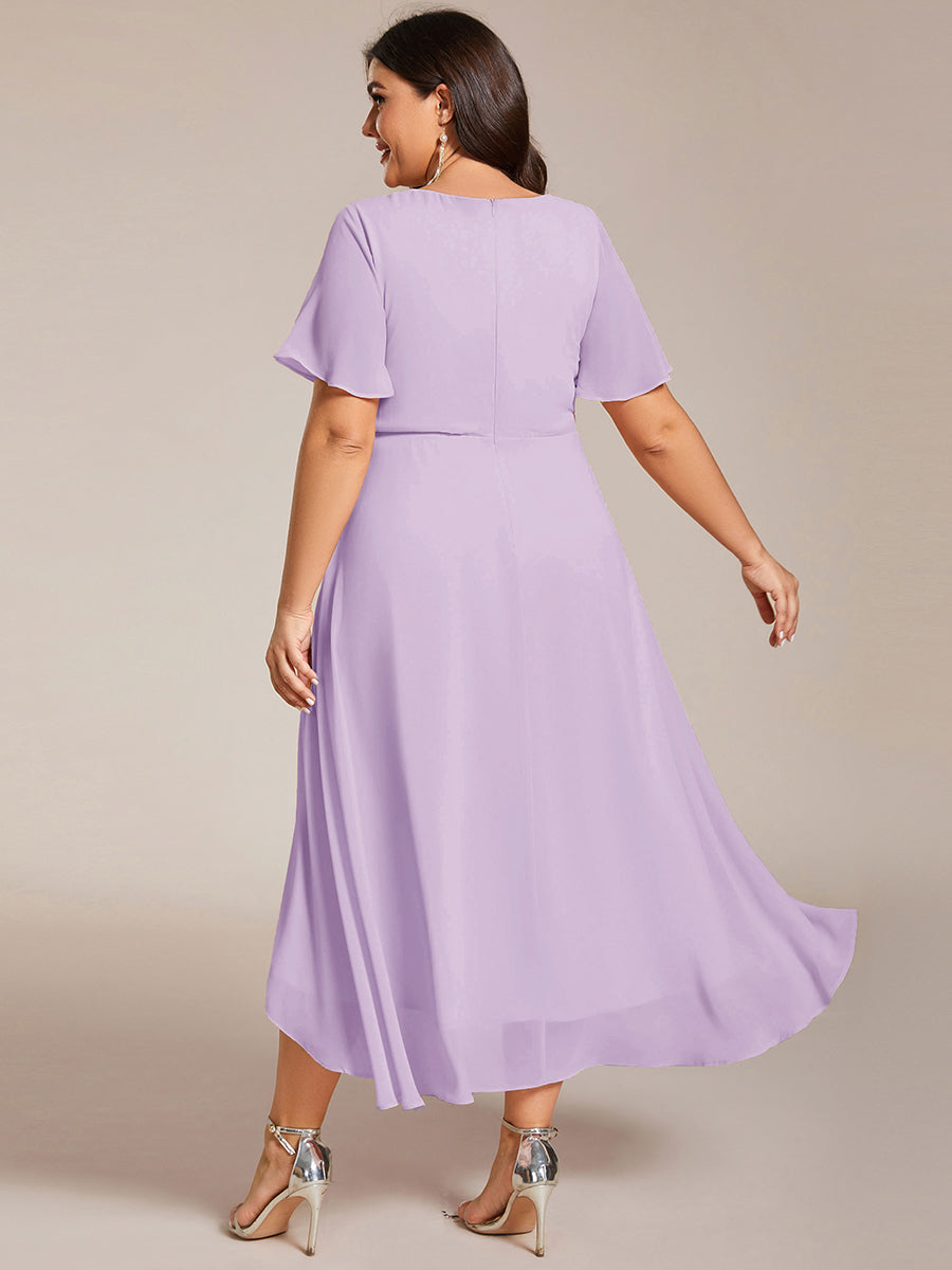 Robe D'invité De Mariage En Mousseline De Soie Mi-Longue Plissée à Manches à Volants Et Col En V #Couleur_Lilas Givré