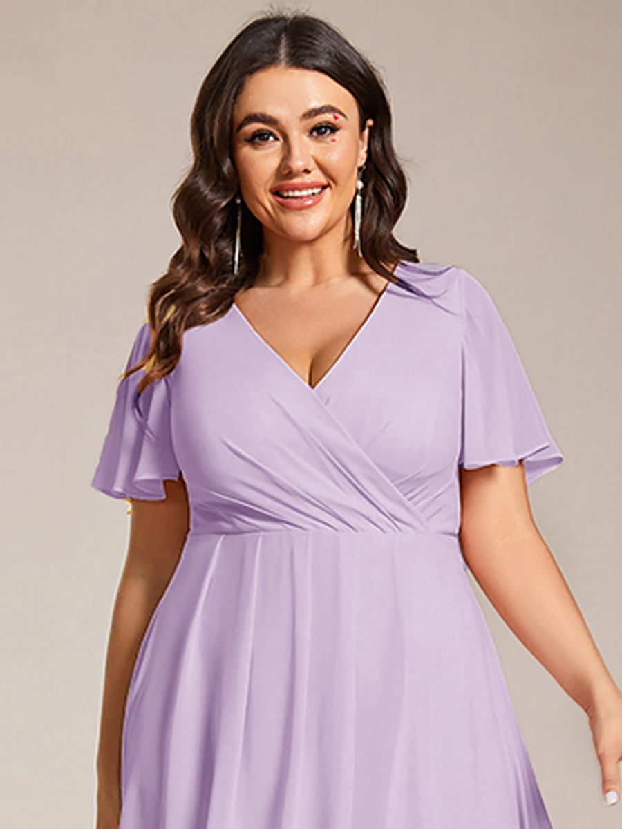 Robe D'invité De Mariage En Mousseline De Soie Mi-Longue Plissée à Manches à Volants Et Col En V #Couleur_Lilas Givré