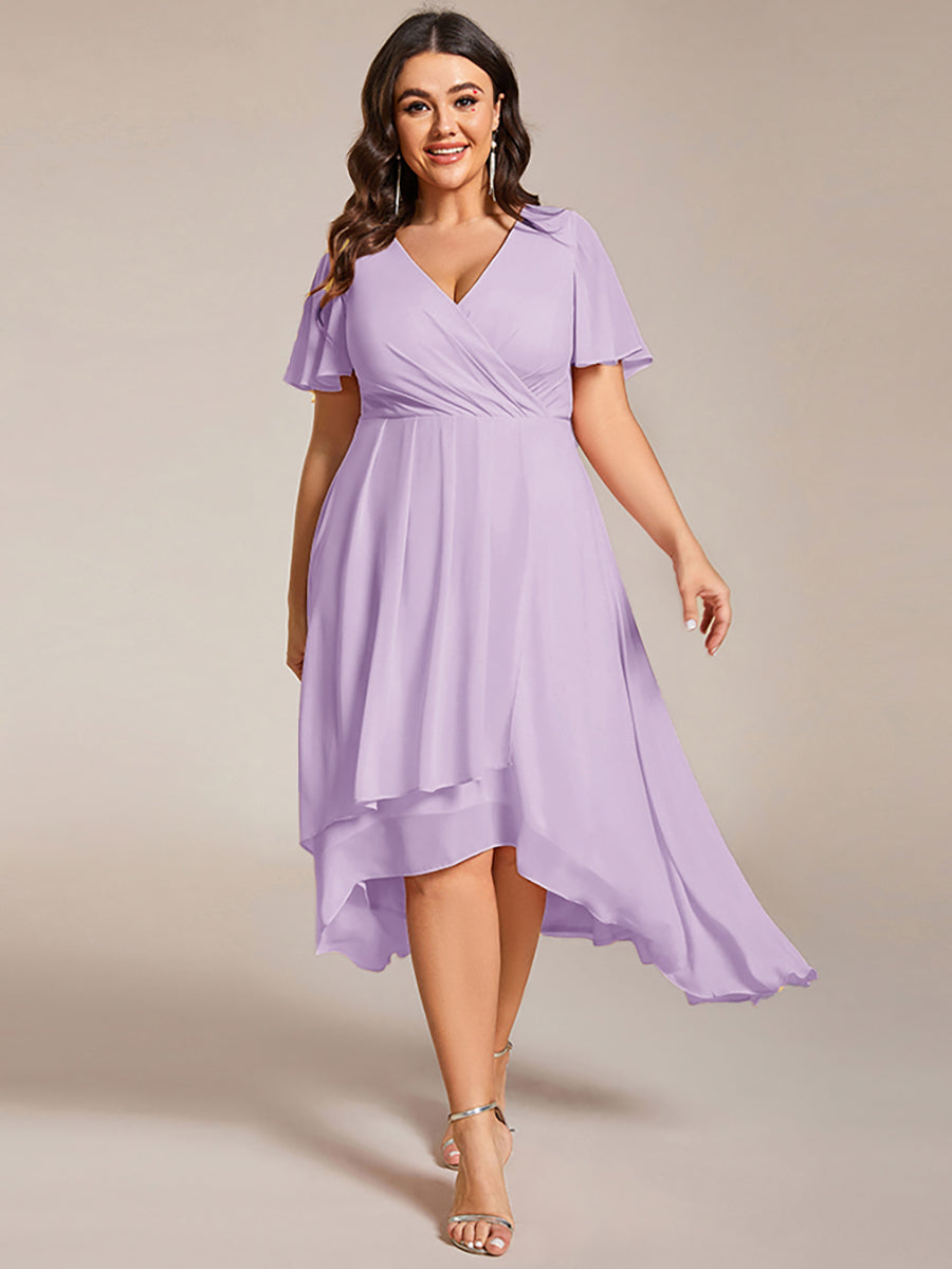 Robe D'invité De Mariage En Mousseline De Soie Mi-Longue Plissée à Manches à Volants Et Col En V #Couleur_Lilas Givré
