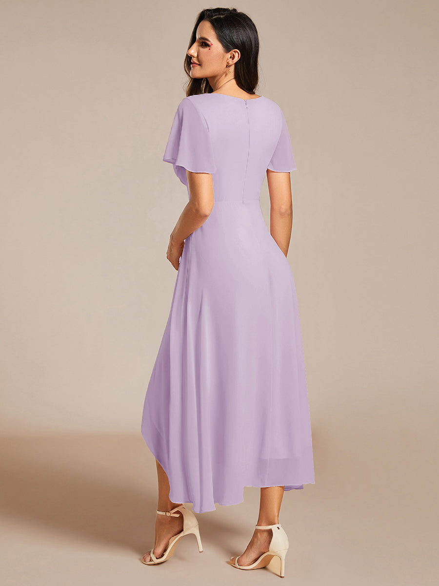 Robe D'invité De Mariage En Mousseline De Soie Mi-Longue Plissée à Manches à Volants Et Col En V #Couleur_Lilas Givré