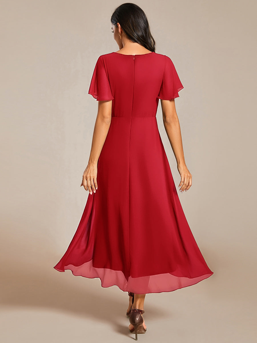 Robe D'invité De Mariage En Mousseline De Soie Mi-Longue Plissée à Manches à Volants Et Col En V #Couleur_Rouge