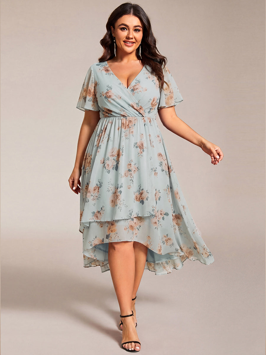 Robe D'invité De Mariage En Mousseline De Soie Mi-Longue Plissée à Manches à Volants Et Col En V #Couleur_Floraison Ambrée