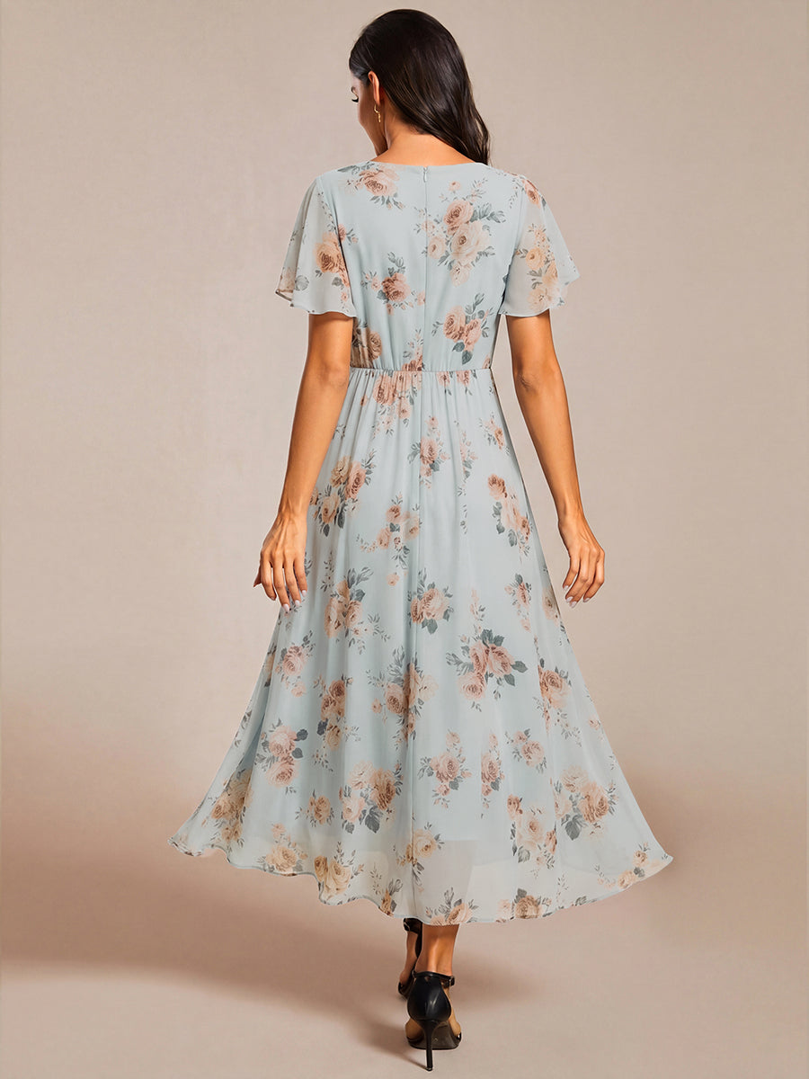 Robe D'invité De Mariage En Mousseline De Soie Mi-Longue Plissée à Manches à Volants Et Col En V #Couleur_Floraison Ambrée