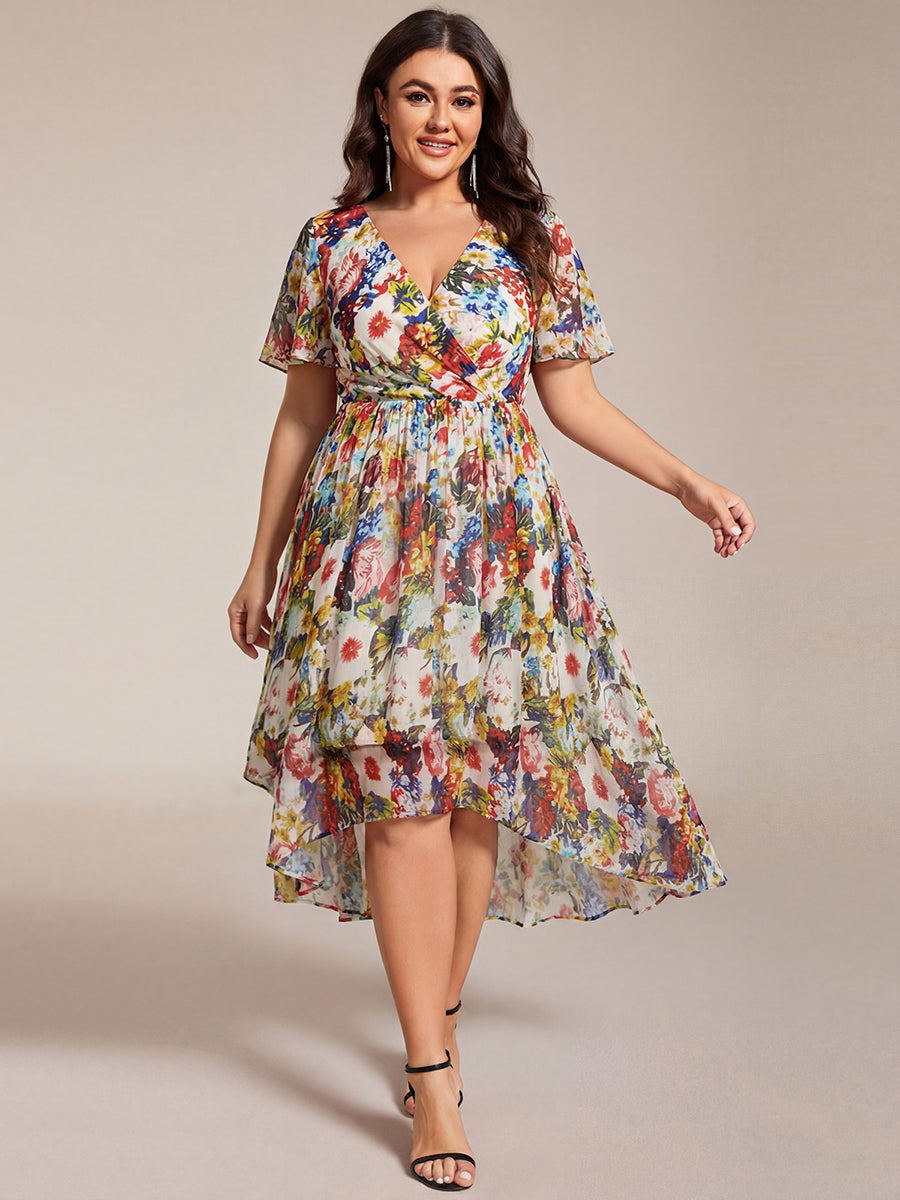 Robe D'invité De Mariage En Mousseline De Soie Mi-Longue Plissée à Manches à Volants Et Col En V #Couleur_Creme Imprime