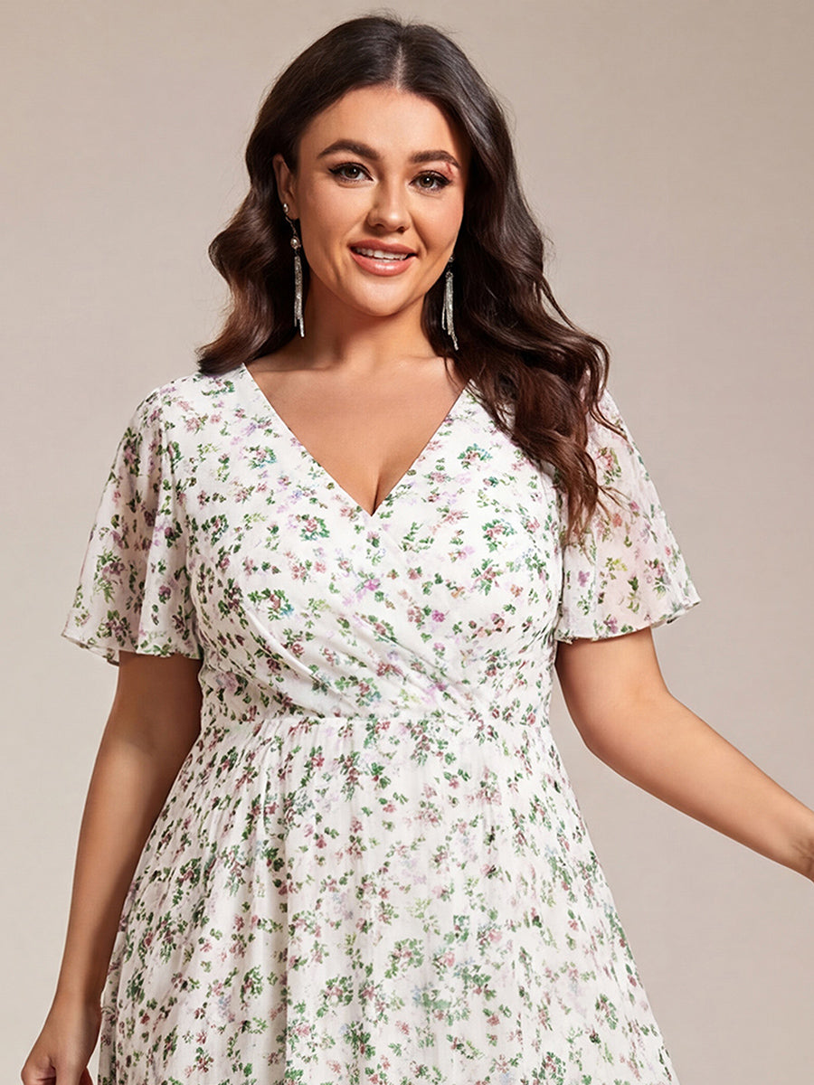 Robe D'invité De Mariage En Mousseline De Soie Mi-Longue Plissée à Manches à Volants Et Col En V #Couleur_Blanc Vert