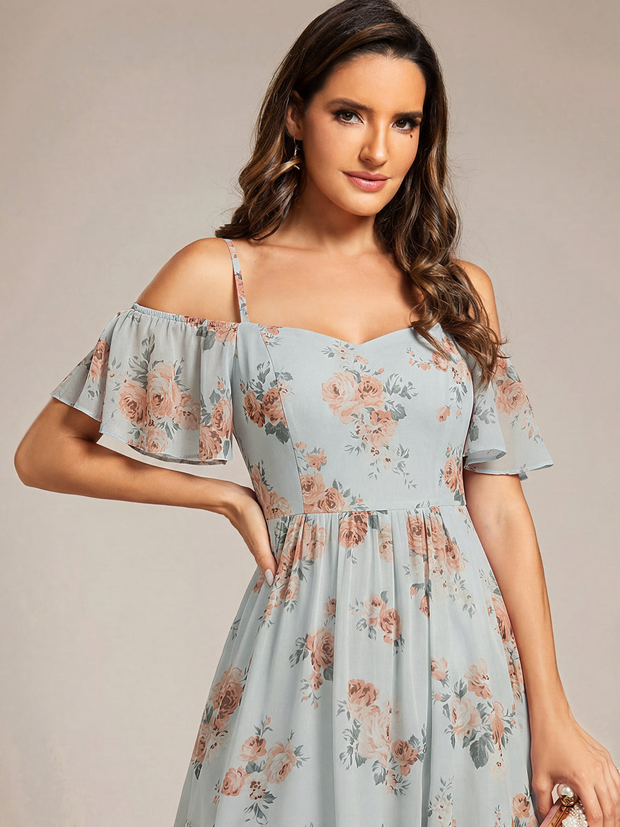 Robes d'invitées de mariage en mousseline épaules dénudées hautes et basses manches courtes #Couleur_Floraison Ambrée