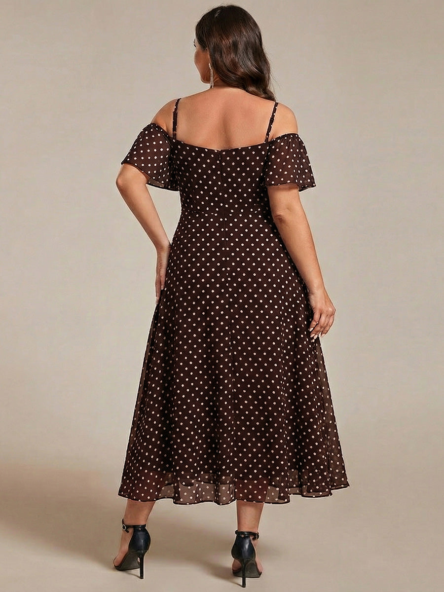 Robes d'invitées de mariage en mousseline épaules dénudées hautes et basses manches courtes #Couleur_Pois Marrons