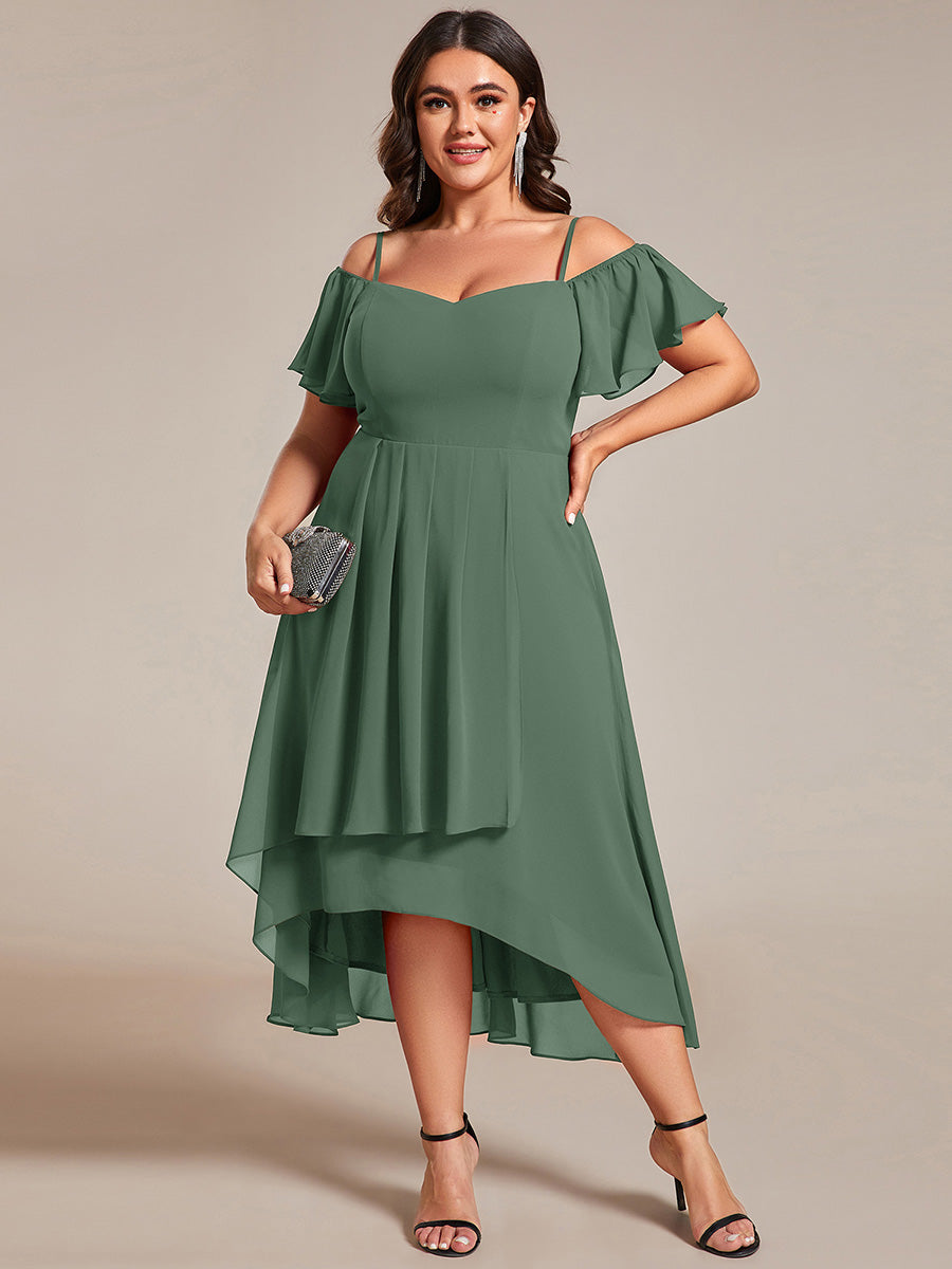 Robes d'invitées de mariage en mousseline épaules dénudées hautes et basses manches courtes #Couleur_Eucalyptus