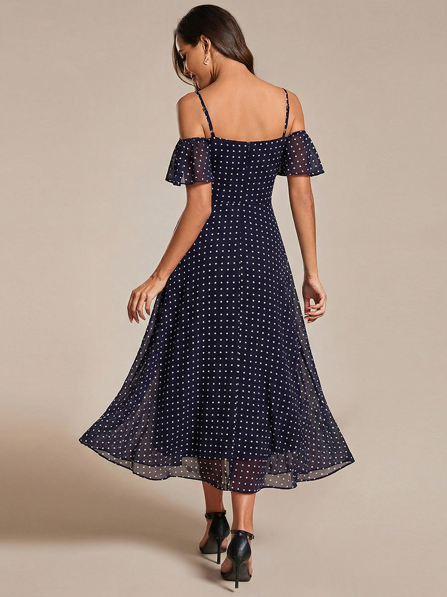 Robes d'invitées de mariage en mousseline épaules dénudées hautes et basses manches courtes #Couleur_Pois Noirs