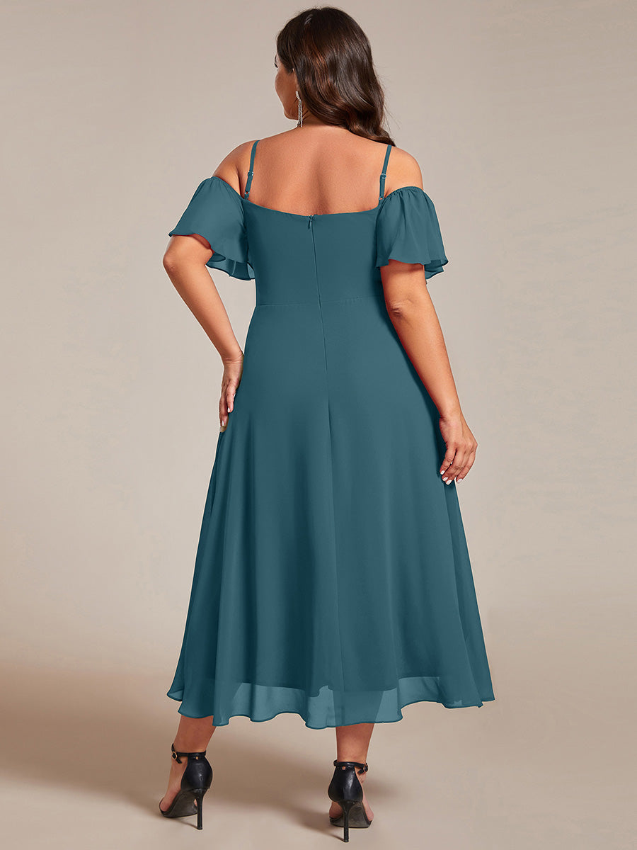 Robes d'invitées de mariage en mousseline épaules dénudées hautes et basses manches courtes #Couleur_Bleu Sarcelle