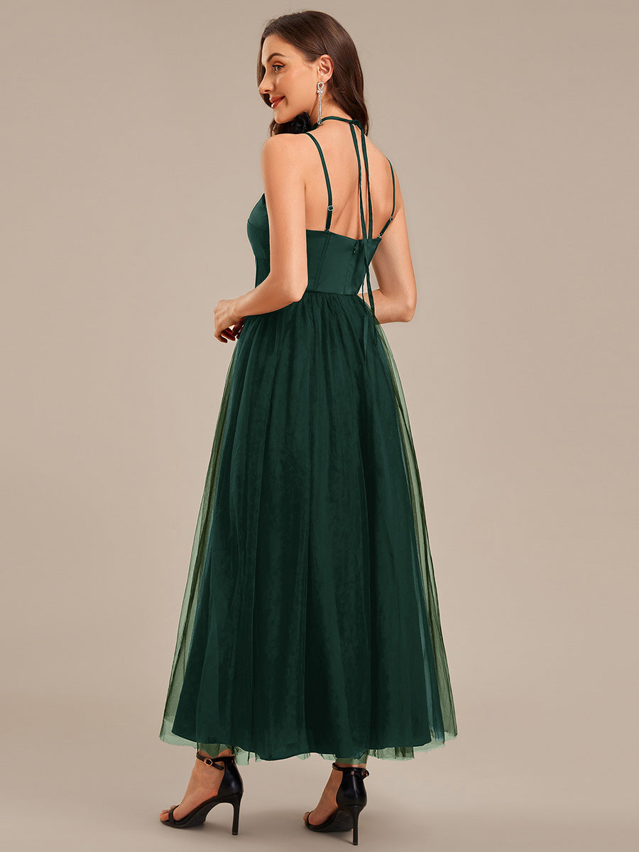 Robe de mariée sans manches en satin nouée sur le devant #Couleur_Vert Fonce