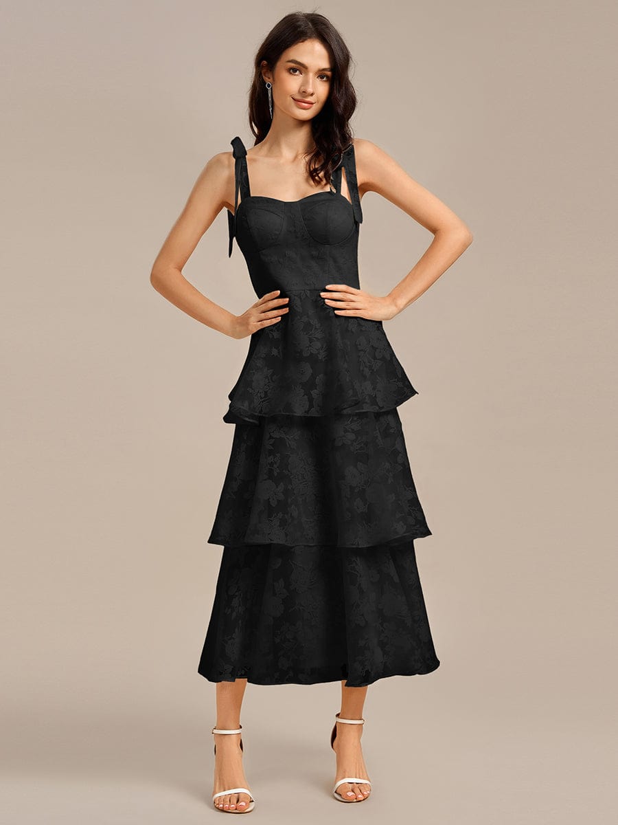Robe de mariée mi-longue à volants et bustier à bretelles nouées et à fleurs #Couleur_Noir