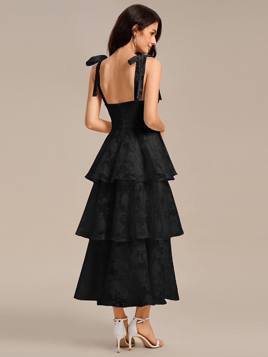 Robe de mariée mi-longue à volants et bustier à bretelles nouées et à fleurs #Couleur_Noir